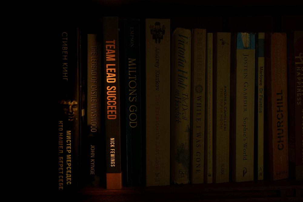 A dimly lit bookcase filled with various books, including titles like Team Lead Succeed, Milton’s God, and several others in different languages and genres—even guides on HR onboarding peek from the shelves.
