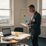 A man in a business suit stands by a round table with documents, a laptop, and coffee mugs, reviewing talent acquisition papers in a bright office with large windows and a city view. A whiteboard with notes is in the background.