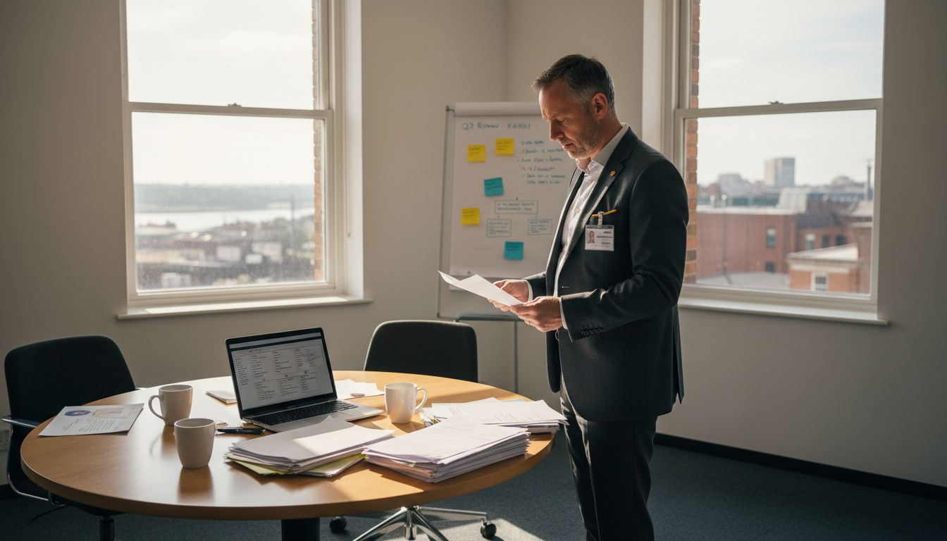 A man in a business suit stands by a round table with documents, a laptop, and coffee mugs, reviewing talent acquisition papers in a bright office with large windows and a city view. A whiteboard with notes is in the background.