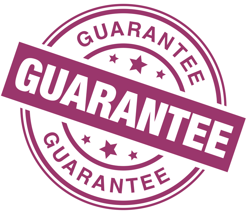 A circular stamp graphic in purple with the word GUARANTEE in large bold letters across the centre, smaller GUARANTEE text along the top and bottom, accented with stars—perfect for HR recruiter materials emphasising reliability.