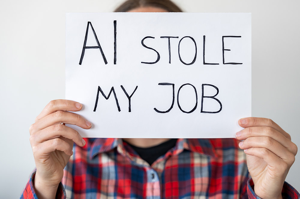 A person in a checked shirt holds up a sign that says AI stole my job, covering their face.