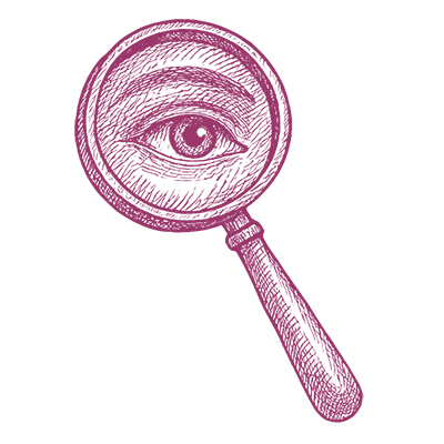 A hand-drawn illustration of a magnifying glass with a detailed human eye inside the lens, symbolising observation or scrutiny. The artwork is rendered in a single purple colour on a white background.