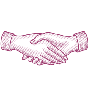 A sketch-style illustration of two hands shaking, symbolising agreement or partnership, drawn in purple lines on a white background.