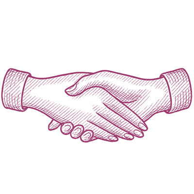 A sketch-style illustration of two hands shaking, symbolising agreement or partnership, drawn in purple lines on a white background.