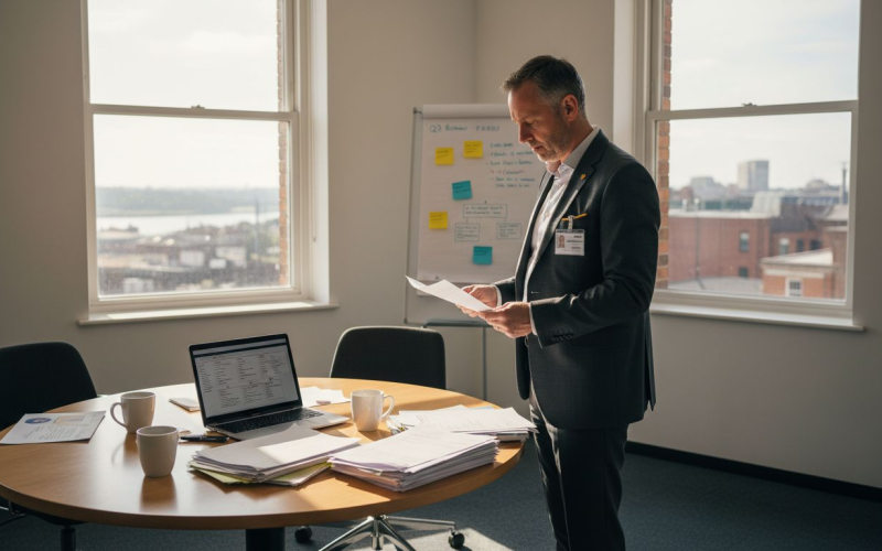 A man in a business suit stands by a round table with documents, a laptop, and coffee mugs, reviewing talent acquisition papers in a bright office with large windows and a city view. A whiteboard with notes is in the background.