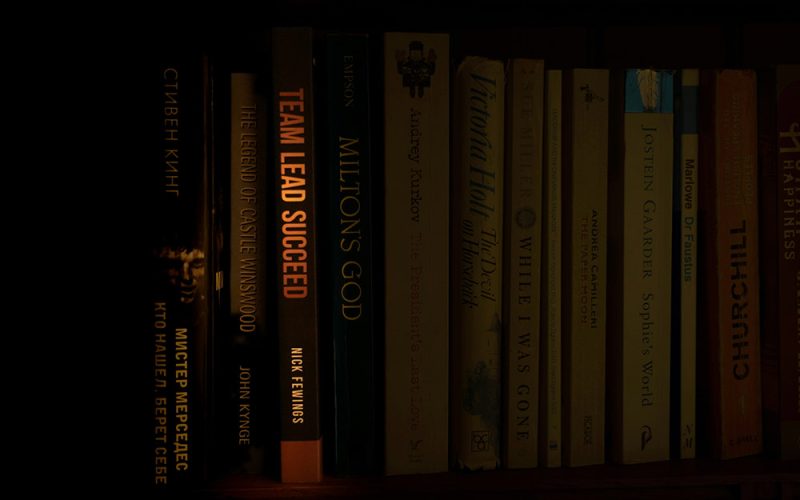A dimly lit bookcase filled with various books, including titles like Team Lead Succeed, Milton’s God, and several others in different languages and genres—even guides on HR onboarding peek from the shelves.